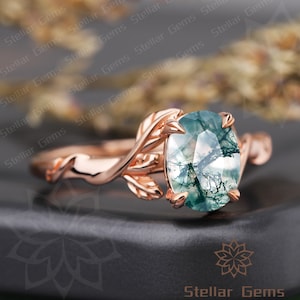 Unique Oval Green Moss Agate 10K Gold Engagement Ring Nature Inspired Leaf Ring Handmade moss agate Anniversary Ring Dainty Art Deco Ring