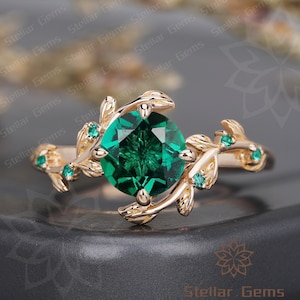 Anello da sposa unico con smeraldo sintetico a taglio rotondo, anello di fidanzamento/anniversario in moissanite stile Art Déco per lei, anello a forma di ramoscello e foglia, anello ispirato alla natura