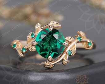 Unique Round Cut Lab Created Emerald Bridal Ring Art Deco Moissanite Anniversary Engagement Ring For Her Twig Leaf Ring Nature Inspired Ring