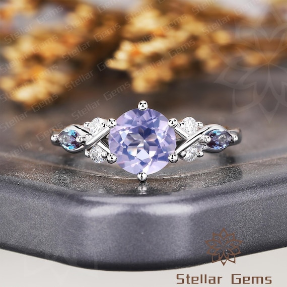 Round Natural Lavender Amethyst 10k white Gold Moissanite Engagement Ring Dainty alexandrite Anniversary Ring moissanite wedding ring gift