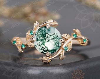 925 Sterling Silver Round Natural Moss Agate Engagement Ring Lab Created Emerald Anniversary Bridal Ring For Women Vintage Promise Ring