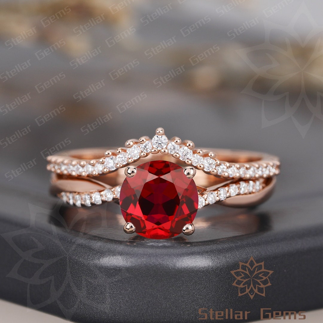 Vintage Round Lab Created Ruby 14K Solid Gold Bridal Ring Unique Art ...
