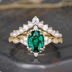 Dainty Oval Lab Created Emerald Yellow Gold Engagement Ring Unique Natural Pearl Promise Ring Moissanite Anniversary Wedding Ring For Women