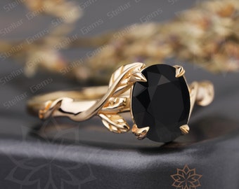 Vintage 925 Sterling Silver Ring Oval Cut Natural Black Onyx Engagement Ring Art Deco Promise Anniversary Gift For Her Unique Leaf Ring