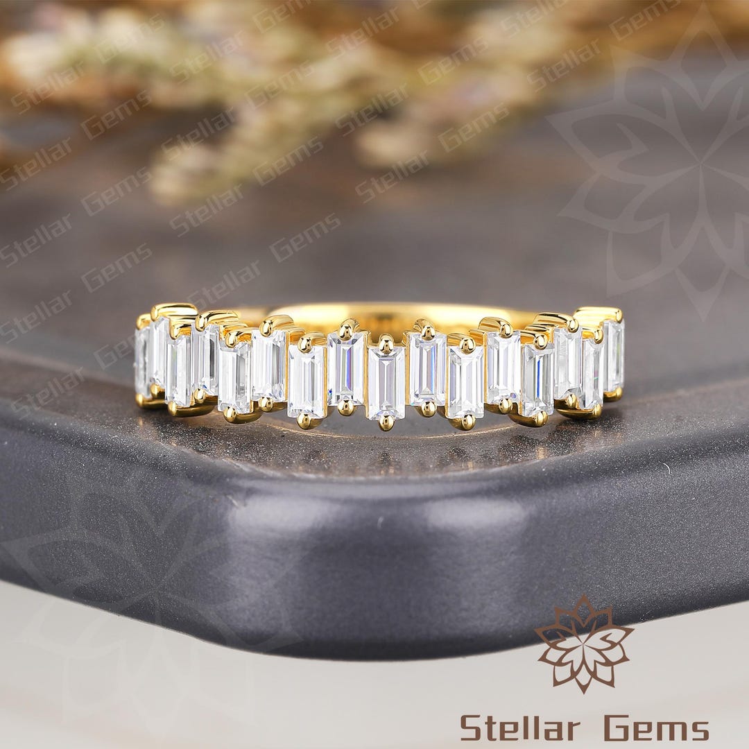 Unique Baguette Cut Moissanite Yellow Gold Engagement Ring Vintage Art ...