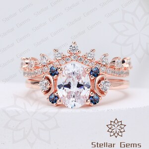 Unique Engagement Ring Set Oval Cut Moissanite Bridal Ring Set Handmade Art Deco Lab Created Alexandrite Wedding Ring Set Exquisite Ring Set