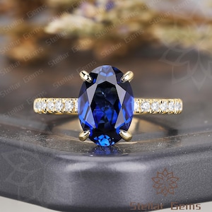 Oval Lab Created Sapphire 14K Yellow Gold engagement ring Vintage moissanite anniversary ring gift Dainty Blue Gemstone Bridal ring gift