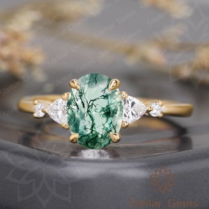 Unique Green Gemstone Ring Oval Cut Natural Moss Agate Engagement Ring Handmade Moissanite Promise Wedding Ring Dainty Vintage Ring For Her