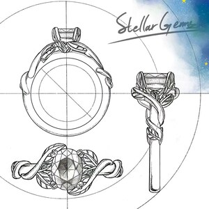 May include: Line drawing of a ring design featuring a large gemstone surrounded by leaves. The ring is shown from three different angles. The text "Stellar Gems" is written in cursive at the top of the image.