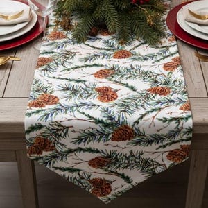 Winter Wonderland Table Runner, Rustic Pine Cone and Evergreen Holiday Decor, Seasonal Kitchen Linens
