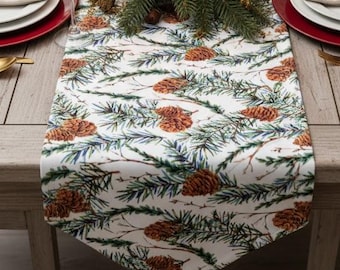 Winter Wonderland Table Runner, Rustic Pine Cone and Evergreen Holiday Decor, Seasonal Kitchen Linens
