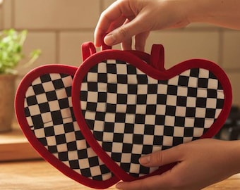 Checkerboard Heart Potholders | Red Velvet Trim, Set of 2