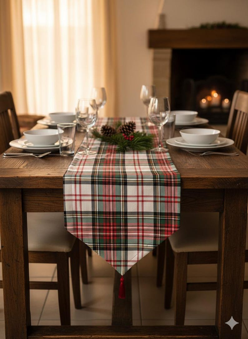 Green Plaid Table Runner: Stainproof Micro Honeycomb Fabric image 5