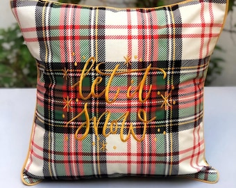 Embroidered Plaid Christmas Pillow Cover | "Let It Snow" Tartan Cushion