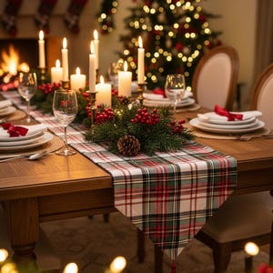 Green Plaid Table Runner: Stainproof Micro Honeycomb Fabric