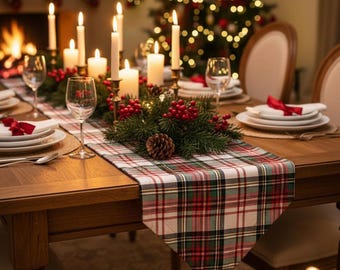 Green Plaid Table Runner: Stainproof Micro Honeycomb Fabric