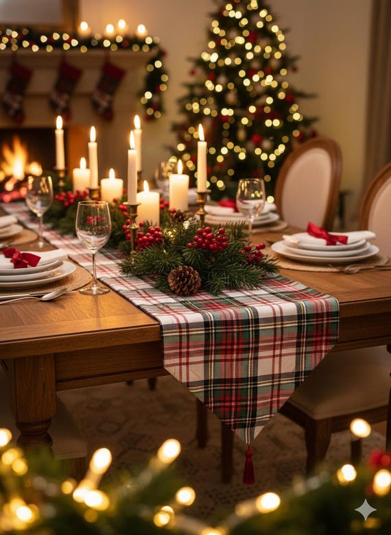 Green Plaid Table Runner: Stainproof Micro Honeycomb Fabric