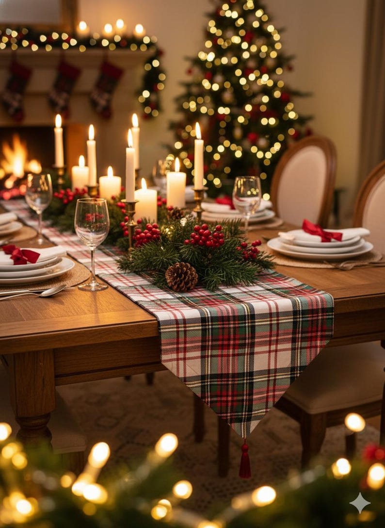 Green Plaid Table Runner: Stainproof Micro Honeycomb Fabric image 1