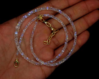 AAA++ Halsband med naturlig regnbågsmånsten och fasetterat pärlhalsband, 18 tum, 3 till 5 mm, 1 sträng, äkta blå eldsten för tillverkning