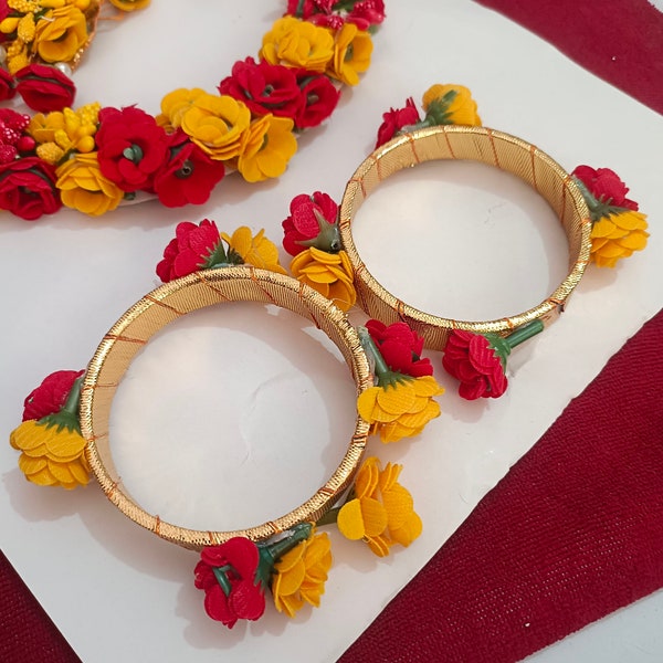 Yellow Red Haldi Mehndi Jewelry ewellery Hathphool Earring Designer Ceremony Haldi Floral Bangles Set/