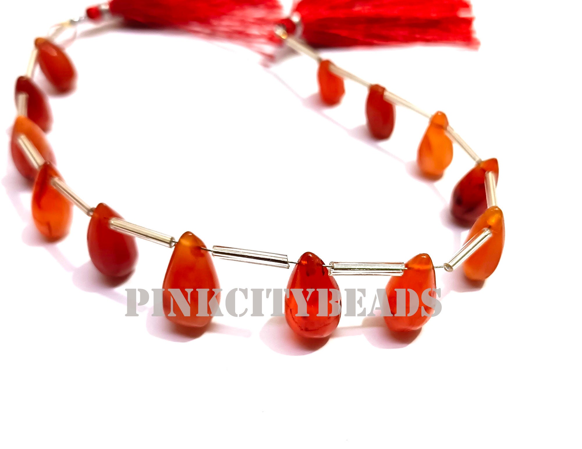AAA Orange Carnelian Drop Beads, Smooth Gemstone Strand (8 Inch