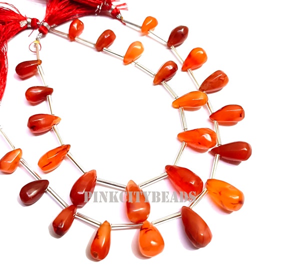 AAA Orange Carnelian Drop Beads, Smooth Gemstone Strand (8 Inch