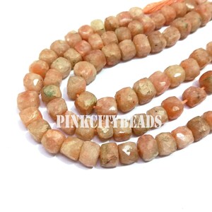 Natural Moonstone Cube 3D Box Shape Beads/ For Jewelry/ Peach Moonstone Faceted Gemstone Beads/ 8-9mm/ 8Inch Strand