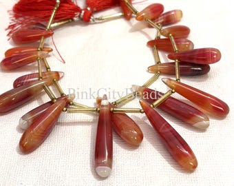 Red Chalcedony Drop Beads - Polished Gemstone Strand, 8 Inch