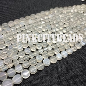 White Moonstone Smooth Gemstone Beads/ Jewelry Craft/ Natural Moonstone Coin Shape Beads/ 4-6mm/ 8 Inch Strand
