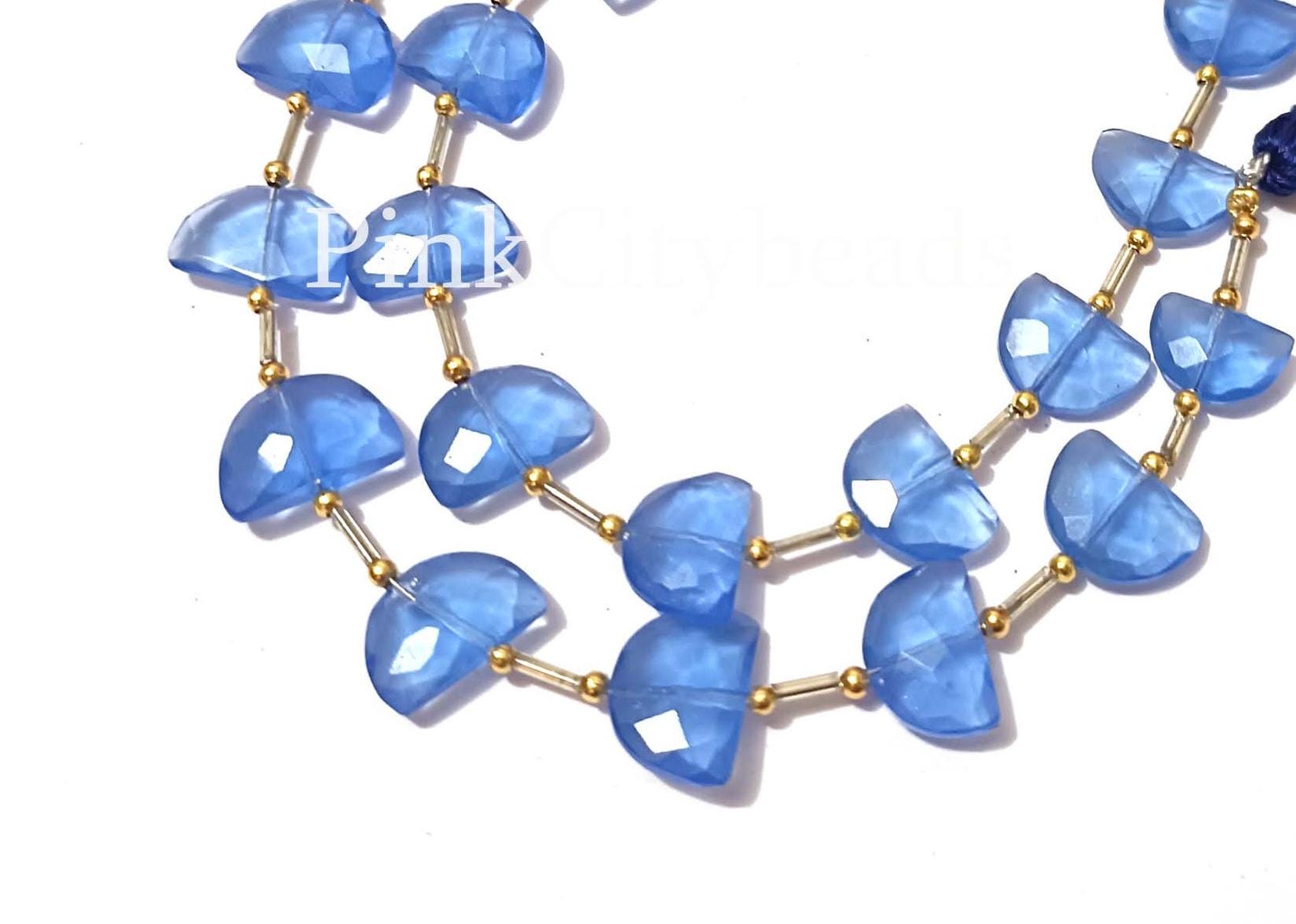 ブルーカルセドニーのファセットカットD型ビーズ、8インチ（約20cm