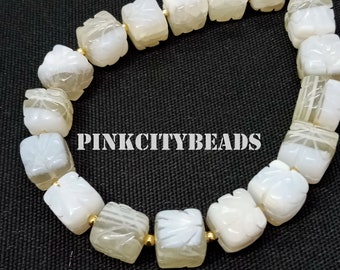 Carved Boulder Opal Cube Beads - White Gemstone Jewelry, 8 Inch Strand