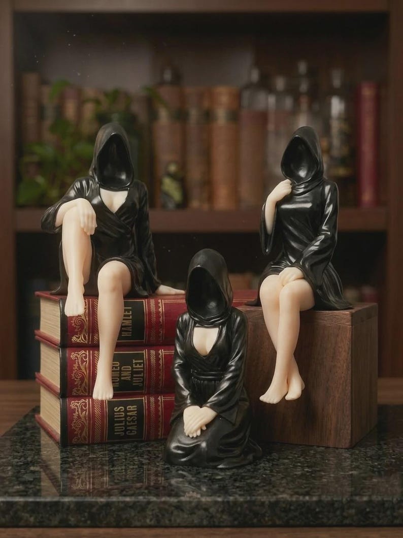 Faceless Hooded Figurine - Exclusive Set of 3, Gothic Dark Decorative Statue for Shelf - Hand-Finished Set of all 3