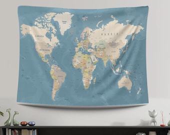 Weltkarte Wandbehang, Blaue Karte Wandbehang, Weltkarte Geschenk, langlebiger hochwertiger Wandbehang, Weltkarte Geographie Wandbehang