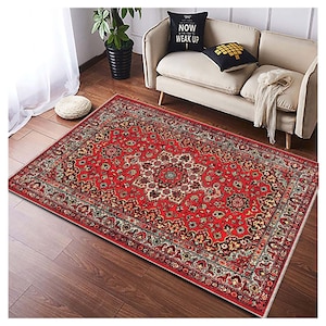 Alter roter Perserteppich, abstrakter Ornamentteppich, roter türkischer Teppich, orientalischer Boho-Teppich, Teppich im Vintage-Stil, waschbarer Teppich, Teppich rot