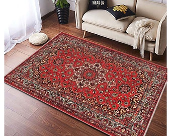 Alter roter Perserteppich, abstrakter Ornamentteppich, roter türkischer Teppich, orientalischer Boho-Teppich, Teppich im Vintage-Stil, waschbarer Teppich, Teppich rot