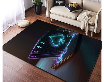 Poker Neon, Ace Card Rug, Playing Cards Symbols Area Rug, Poker Player Room Design Carpet, Casino Gift, Gaming Room Decor Gift, Casino Party