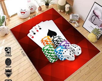 Cards Casino Coins, Playing cards Symbols Area Rug, Poker Player Room, Design Carpet, Casino Gift, Gaming Room, Decor Casino Party Decor Rug