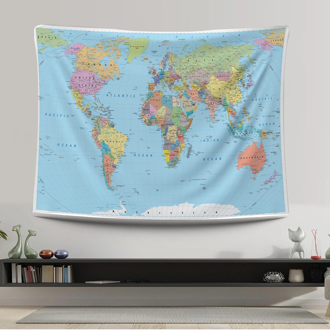 World Map Tapestry, World Map Wall Art, World Map Wall Hanging, World