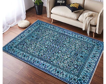 Indoor Low Pile Rug, Turkish Rug Area, Blue Oriental Carpet, Turkish Carpets for Living Room, Rugs for Entrance Bedrooms Diningrooms