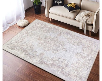 Artistic Batik Floral Design Rug, Faded White Rug