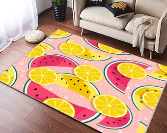 Pattern of Lemon Slices, Watermelon and Water Drops, Lemon Pattern Rug, Watermelon, Kitchen Rug, Modern Summer Patterned Carpet, Kitchen