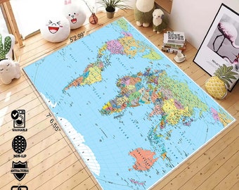 Earth World Map Rug, School Education Rug, Earth Map Rug, World Map Carpet, Kids Room Decor Rug, Playroom Rug, Games Room Play Carpet