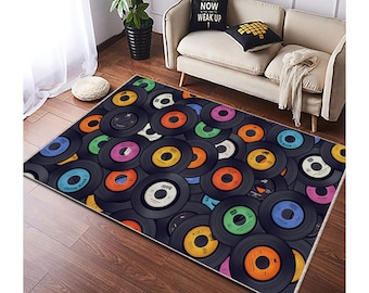 Tapis de disques, tapis de sol de salle de musique, tapis à motif disque, tapis populaire, tapis fantastique, tapis d'album, tapis de salon, disques de musique, tapis antidérapant