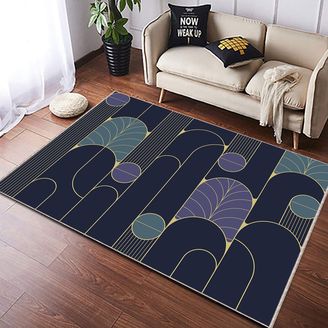 Art Deco Style Area Rug, Flat Design Art Deco, Golden Elements on Blue