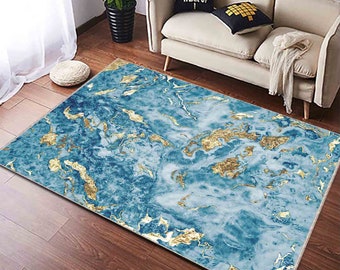 Blue Gold Marble Rug, Decor Rugs, Marble Rug, Blue and Gold Rug, Home Decor Rug, Abstract Decor Rug, Mabrle Trend Carpet, Bathroom Carpeting