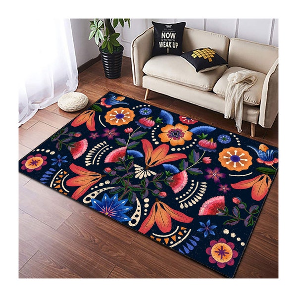 Tapis à motif de fleurs ethniques, mexicain, tapis mexicain, motif ethnique mexicain d’oiseaux et de fleurs, tapis de décoration intérieure, tapis de zone, tapis d’arbre à thème, tapis