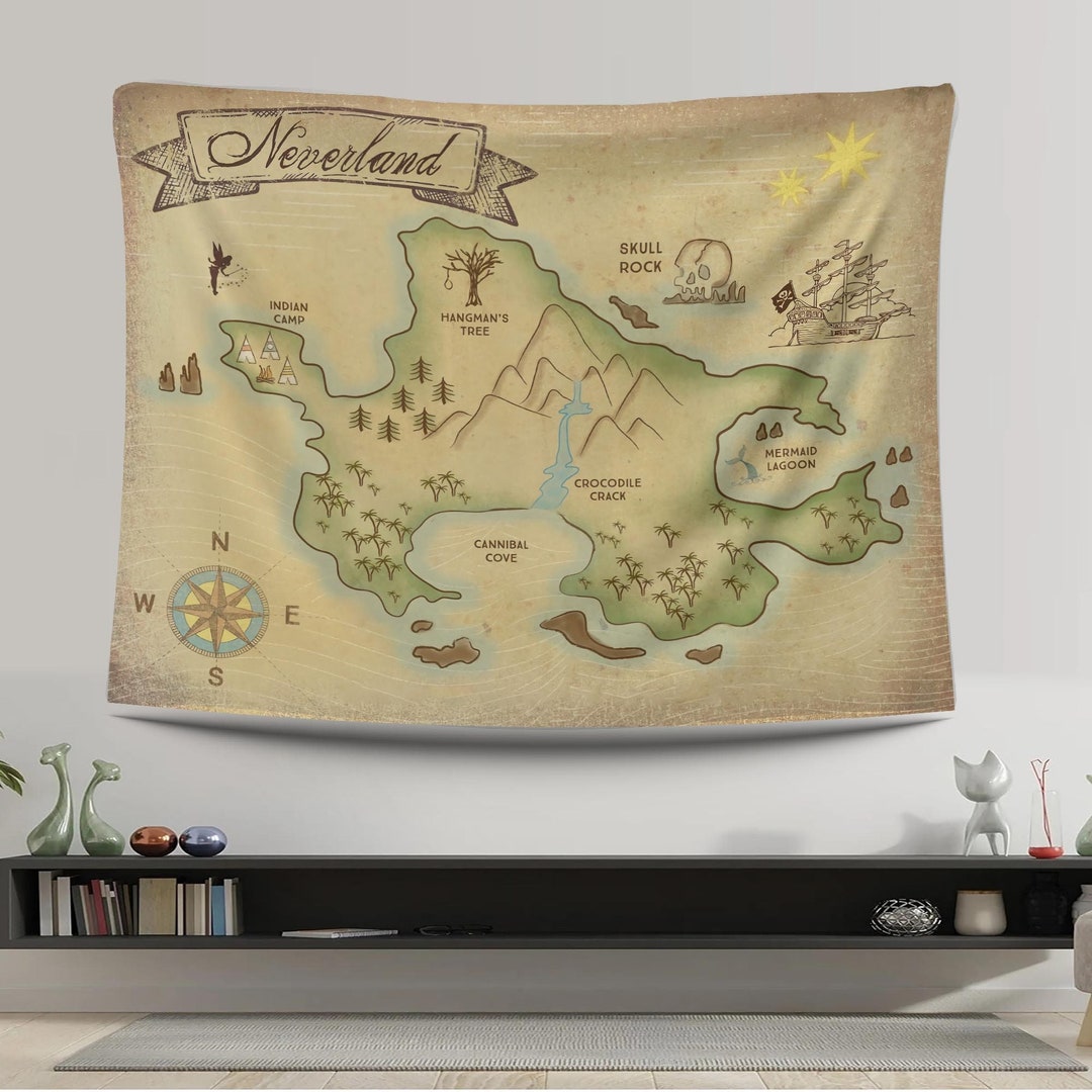 Neverland Maps Tapestry, Retro Map, Earth Maps, Fantastic Tapestry