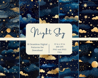 Night Sky Seamless Digital Pattern Set - Commercial Use, Scrapbook Printable Paper Download, Galaxy Texture Background