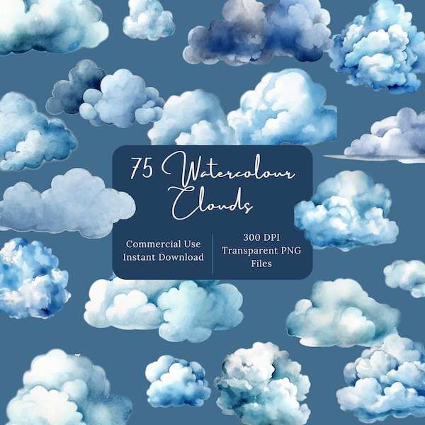 Watercolour Clouds PNG Clipart Bundle - Commercial Use, Printable Scrapbook Supplies