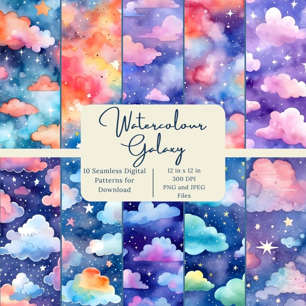 Watercolour Galaxy Seamless Digital Pattern Set - Commercial Use, Scrapbook Printable Paper Download